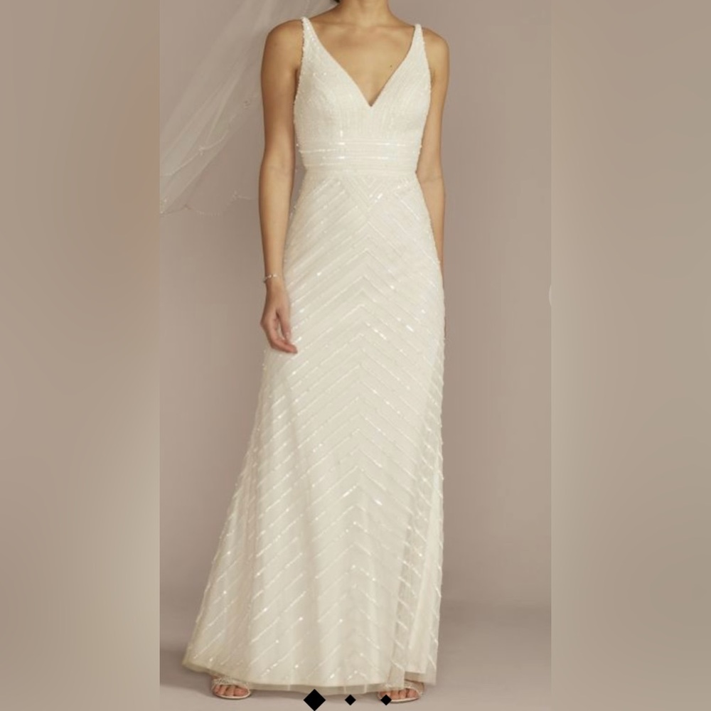 David's Bridal Open back v-neck beaded sheath wedding dress